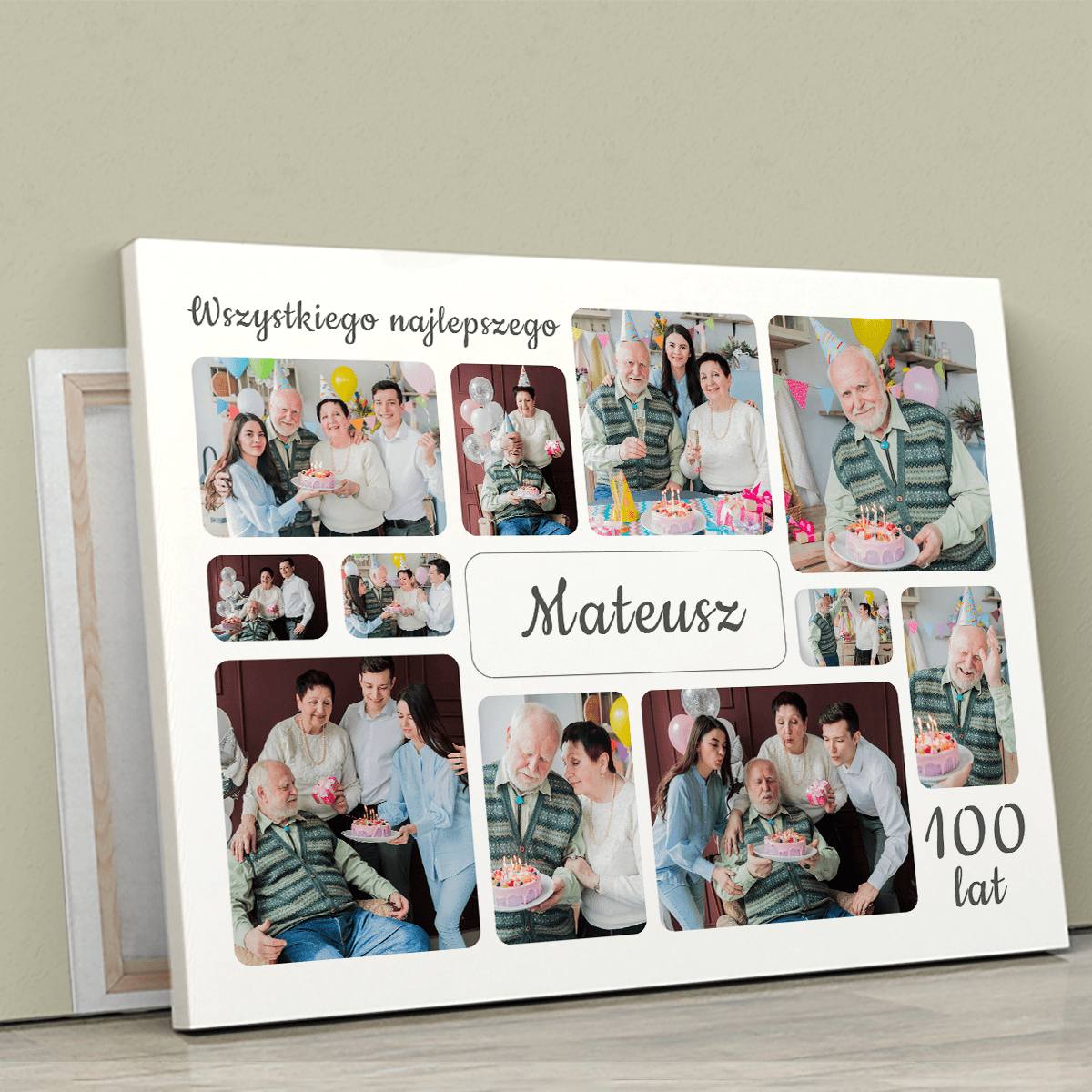 Kolaż zdjęć 100 lat - druk na płótnie, spersonalizowany prezent dla dziadka - Adamell.pl