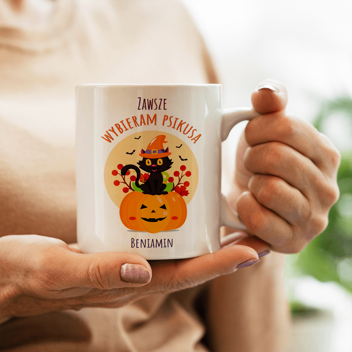 Kot na Halloween - 1x Kubek z nadrukiem, spersonalizowany prezent dla przyjaciela - Adamell.pl
