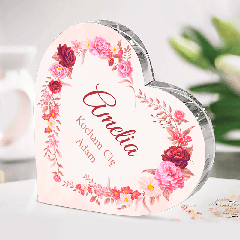 Kwiatowy motyw + imię - Szklane serce, spersonalizowany prezent dla niej - Adamell.pl