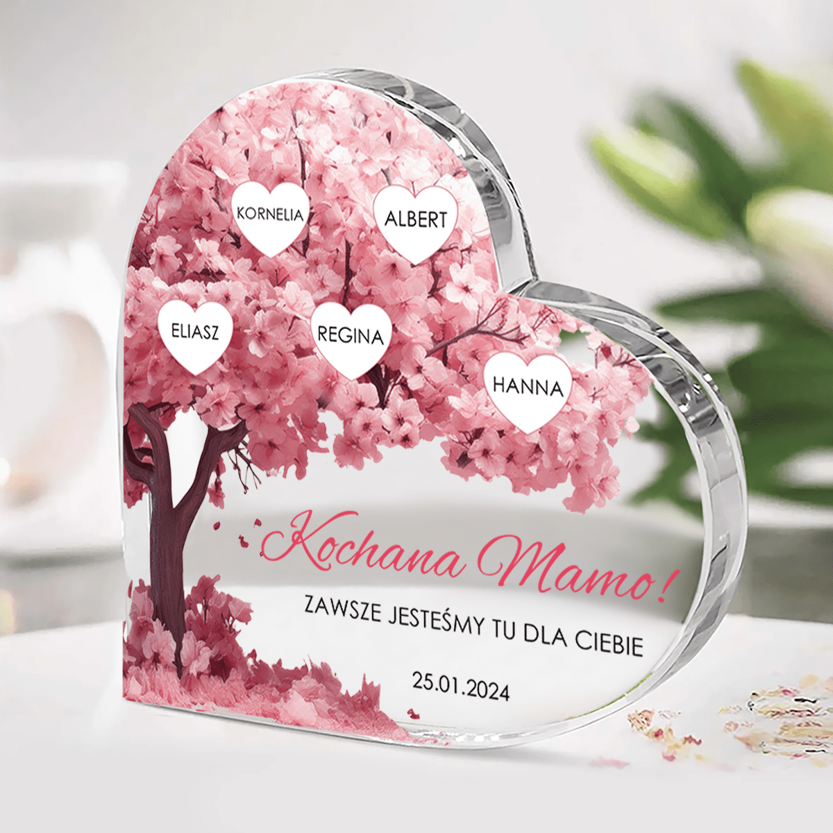 Kwieciste drzewo z imionami - Szklane serce, spersonalizowany prezent dla mamy - Adamell.pl