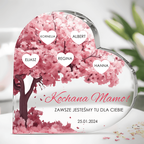 Kwieciste drzewo z imionami - Szklane serce, spersonalizowany prezent dla mamy - Adamell.pl
