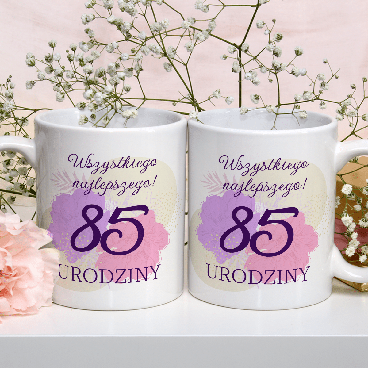 Kwiecisty wzór 85. urodziny - 1x Kubek z nadrukiem, spersonalizowany prezent - Adamell.pl