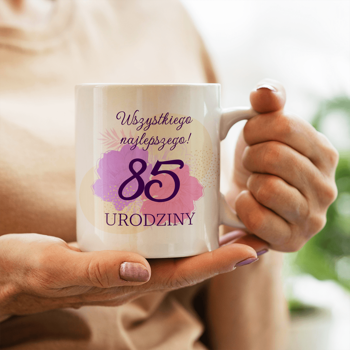 Kwiecisty wzór 85. urodziny - 1x Kubek z nadrukiem, spersonalizowany prezent - Adamell.pl