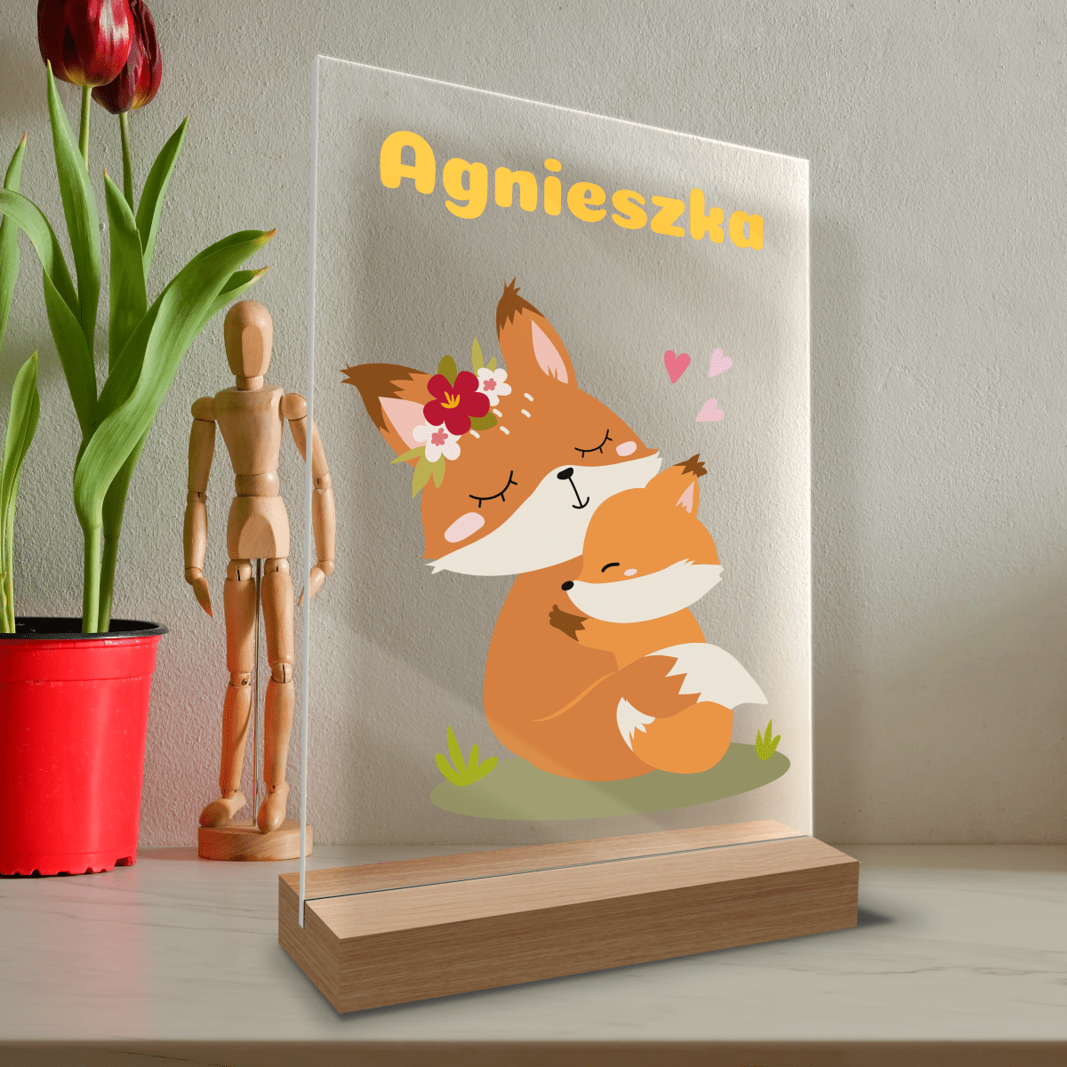 Liski grafika + imię - Druk na szkle z podstawką LED, spersonalizowany prezent dla dziecka - Adamell.pl