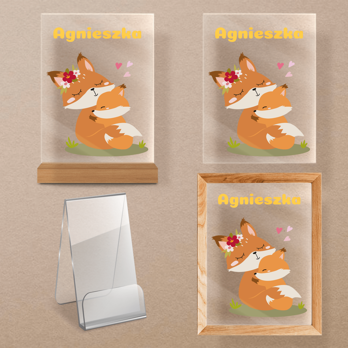 Liski grafika + imię - Druk na szkle z podstawką LED, spersonalizowany prezent dla dziecka - Adamell.pl