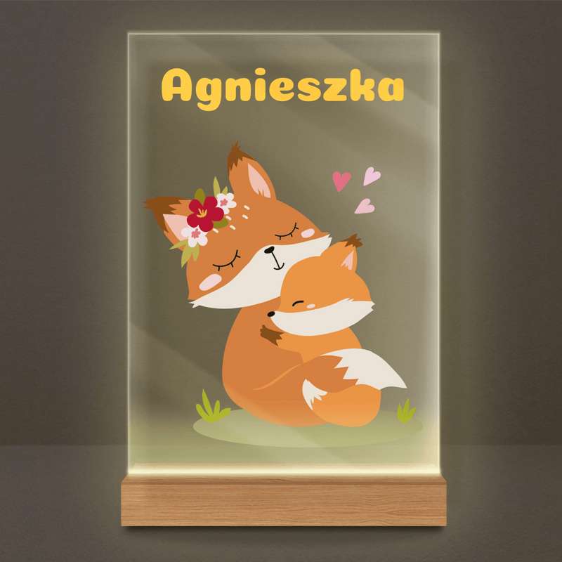 Liski grafika + imię - Druk na szkle z podstawką LED, spersonalizowany prezent dla dziecka - Adamell.pl