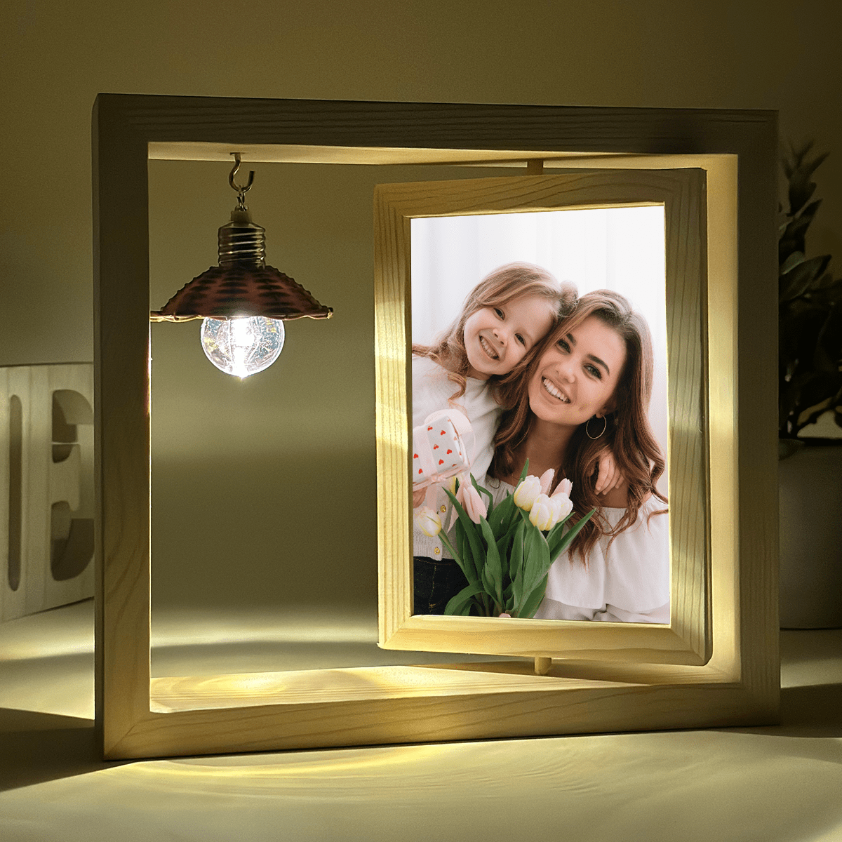 Mama i dziecko - Druk na szkle w drewnianej ramce + led, spersonalizowany prezent dla mamy - Adamell.pl
