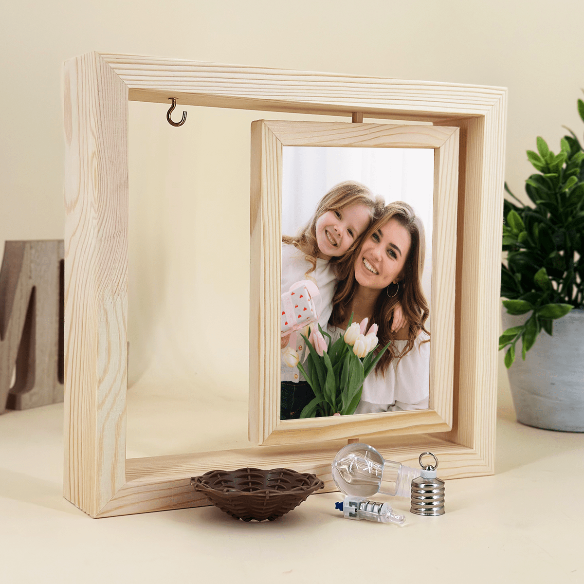Mama i dziecko - Druk na szkle w drewnianej ramce + led, spersonalizowany prezent dla mamy - Adamell.pl