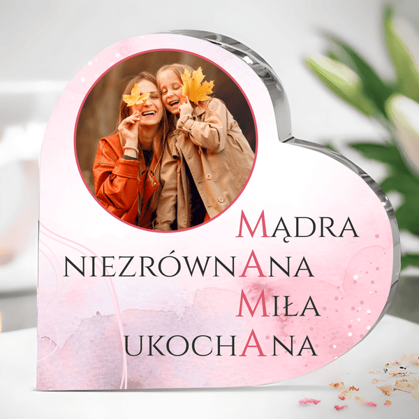 Mama zalety - Szklane serce, spersonalizowany prezent dla mamy - Adamell.pl