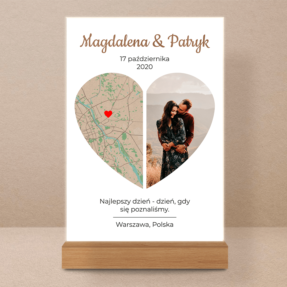 Mapa i zdjęcie w sercu - Druk na szkle, spersonalizowany prezent dla pary - Adamell.pl