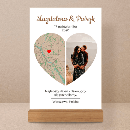 Mapa i zdjęcie w sercu - Druk na szkle, spersonalizowany prezent dla pary - Adamell.pl