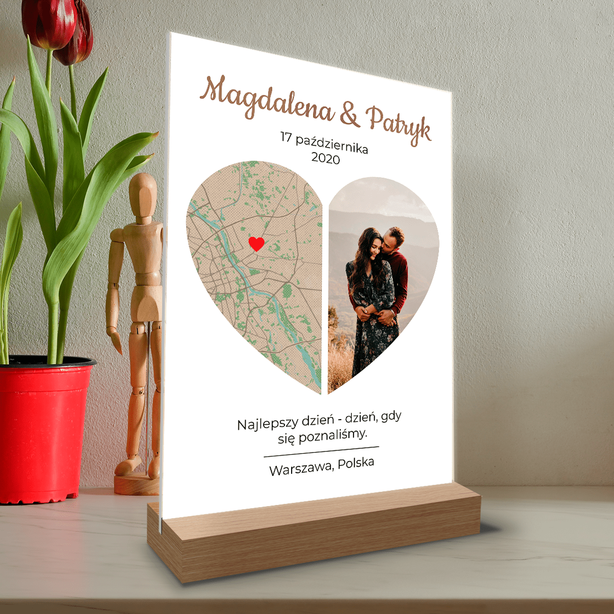 Mapa i zdjęcie w sercu - Druk na szkle, spersonalizowany prezent dla pary - Adamell.pl