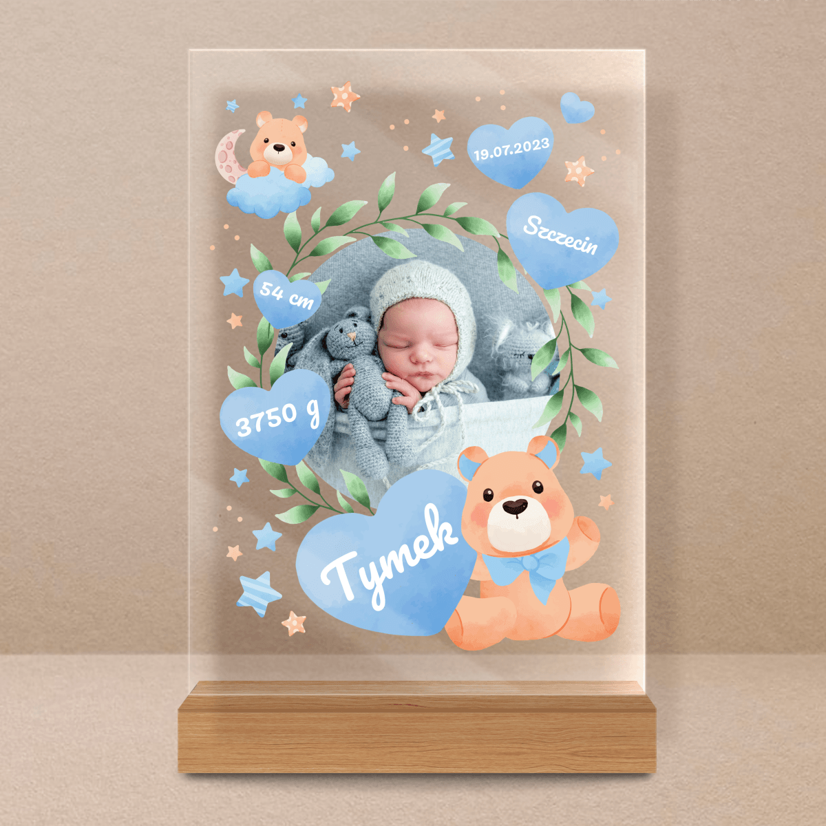 Metryczka chłopca - Druk na szkle, spersonalizowany prezent dla dziecka - Adamell.pl