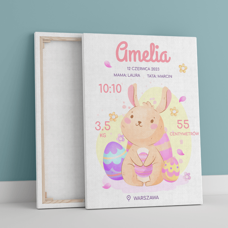 Metryczka dziecka + grafika króliczka - druk na płótnie, spersonalizowany prezent dla dziecka - Adamell.pl