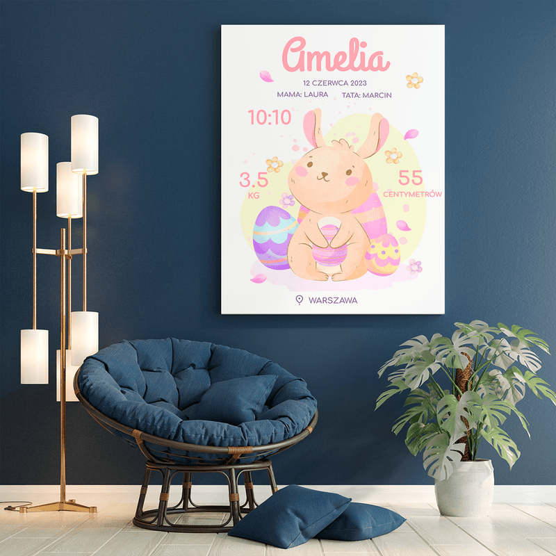 Metryczka dziecka + grafika króliczka - druk na płótnie, spersonalizowany prezent dla dziecka - Adamell.pl
