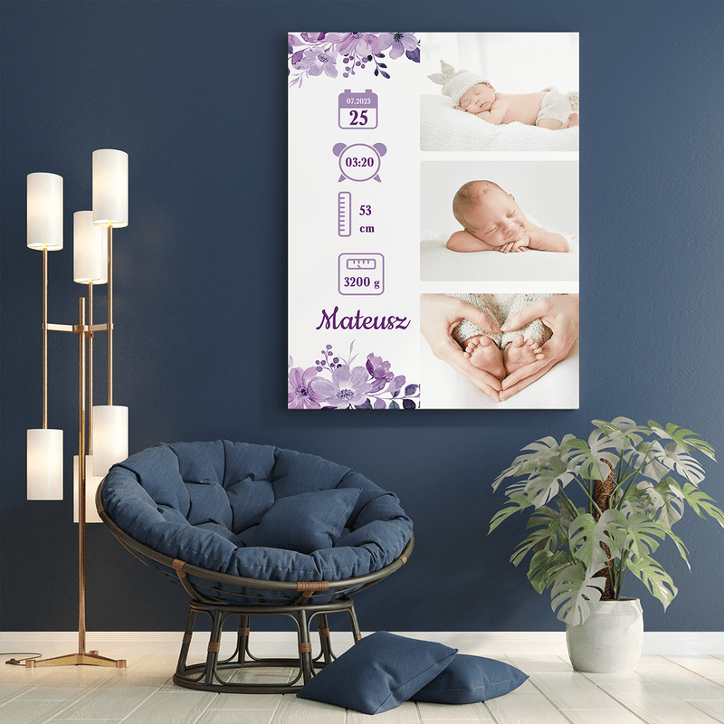 Metryczka niemowlęcia - druk na płótnie, spersonalizowany prezent dla dziecka - Adamell.pl