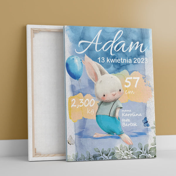 Metryczka z królikiem - druk na płótnie, spersonalizowany prezent dla dziecka - Adamell.pl