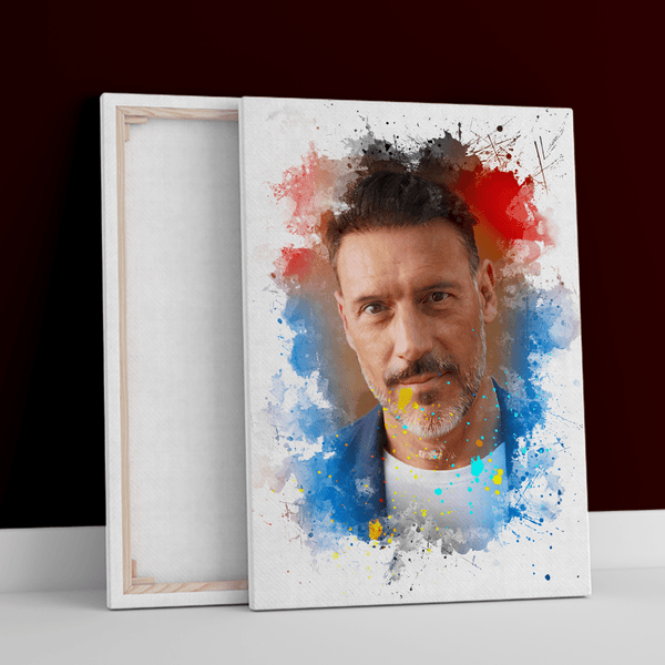 Mężczyzna portret z kolorowym tłem - druk na płótnie, spersonalizowany prezent dla męża - Adamell.pl