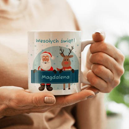 Mikołaj i renifer - 1x Kubek z nadrukiem, spersonalizowany prezent dla babci - Adamell.pl