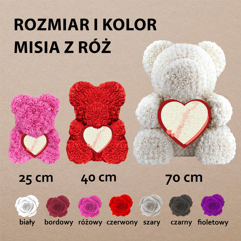 Miś z mapą gwiazd - Miś z róż z wydrukiem, spersonalizowany prezent dla niej - Adamell.pl