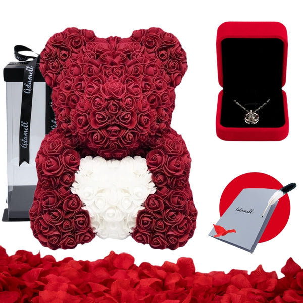 Miś z róż | Bordowy z sercem 25cm, Kreatywne prezenty dla małżeństwa, synowej na 35 rocznice, na 35, 45 urodziny, pracowników, na odejście z pracy - Adamell.pl - Wyjątkowe Prezenty