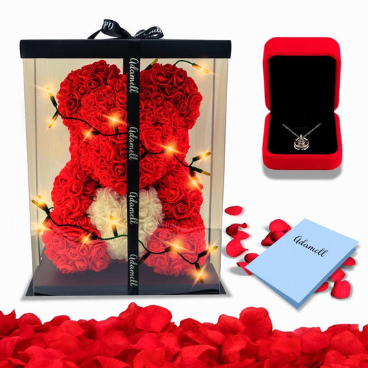 Miś z róż | Czerwony z sercem 25cm + LED ZESTAW, Wyjatkowy pomysł na prezent dla dziewczyny, przyjaciółki, kobiety, najlepsze na walentynki, na 18 urodziny - Adamell.pl - Wyjątkowe Prezenty