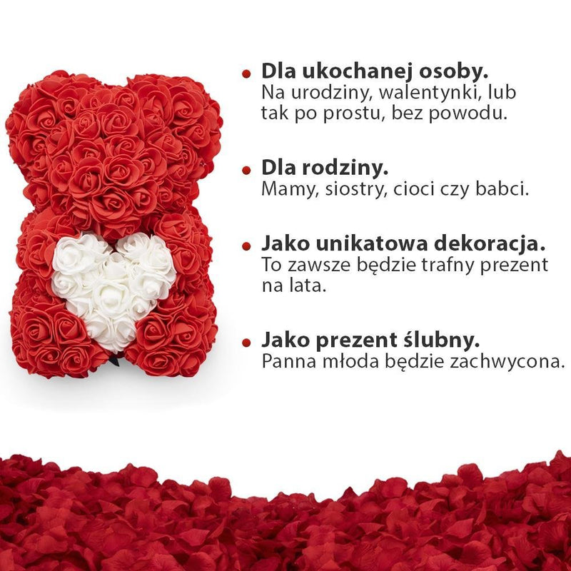 Miś z róż | Czerwony z sercem 25cm + LED ZESTAW, Wyjatkowy pomysł na prezent dla dziewczyny, przyjaciółki, kobiety, najlepsze na walentynki, na 18 urodziny - Adamell.pl - Wyjątkowe Prezenty