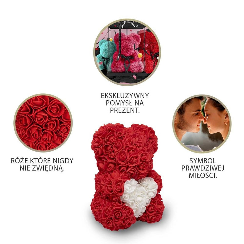 Miś z róż | Czerwony z sercem 25cm ZESTAW, Wyjatkowy pomysł na prezent dla dziewczyny, przyjaciółki, kobiety, najlepsze na walentynki, na 18 urodziny - Adamell.pl - Wyjątkowe Prezenty