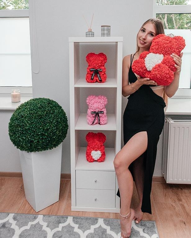 Miś z róż | Czerwony z sercem 40cm + LED, ZESTAW, Wyjatkowy pomysł na prezent dla dziewczyny, przyjaciółki, kobiety, najlepsze na walentynki, na 18 urodziny - Adamell.pl - Wyjątkowe Prezenty