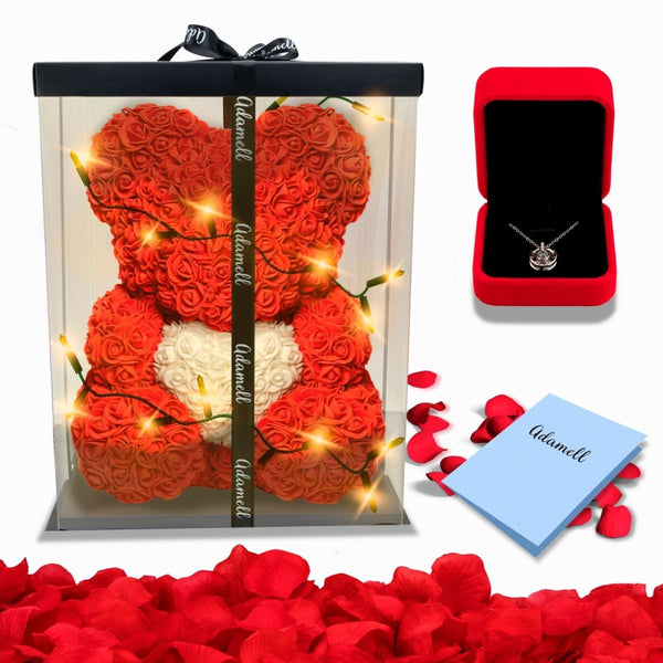 Miś z róż | Czerwony z sercem 40cm + LED, ZESTAW, Wyjatkowy pomysł na prezent dla dziewczyny, przyjaciółki, kobiety, najlepsze na walentynki, na 18 urodziny - Adamell.pl - Wyjątkowe Prezenty