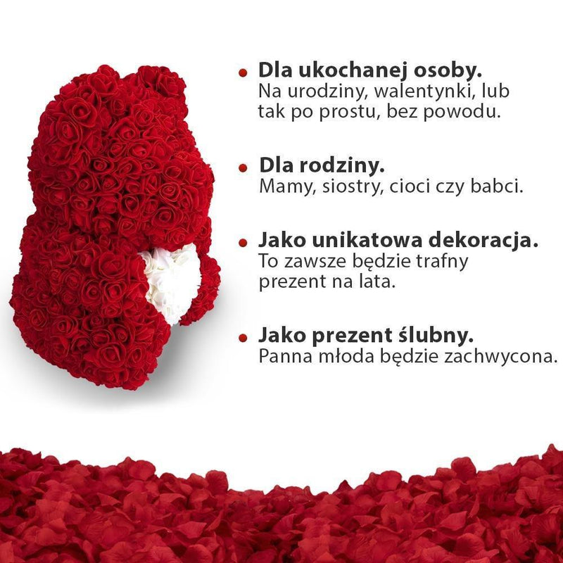 Miś z róż | Czerwony z sercem 40cm + LED, ZESTAW, Wyjatkowy pomysł na prezent dla dziewczyny, przyjaciółki, kobiety, najlepsze na walentynki, na 18 urodziny - Adamell.pl - Wyjątkowe Prezenty