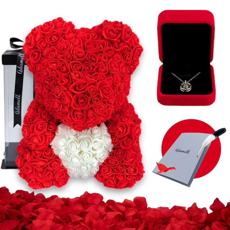 Miś z róż | Czerwony z sercem 40cm, ZESTAW, Wyjatkowy pomysł na prezent dla dziewczyny, przyjaciółki, kobiety, najlepsze na walentynki, na 18 urodziny - Adamell.pl - Wyjątkowe Prezenty