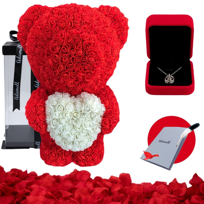 Miś z róż | Czerwony z sercem 60cm, Upominek na dzień kobiet, gwiazdkę, na 20 rocznicę, wspólny prezent, na bierzmowanie, dla wychowawcy, pielęgniarki - Adamell.pl - Wyjątkowe Prezenty