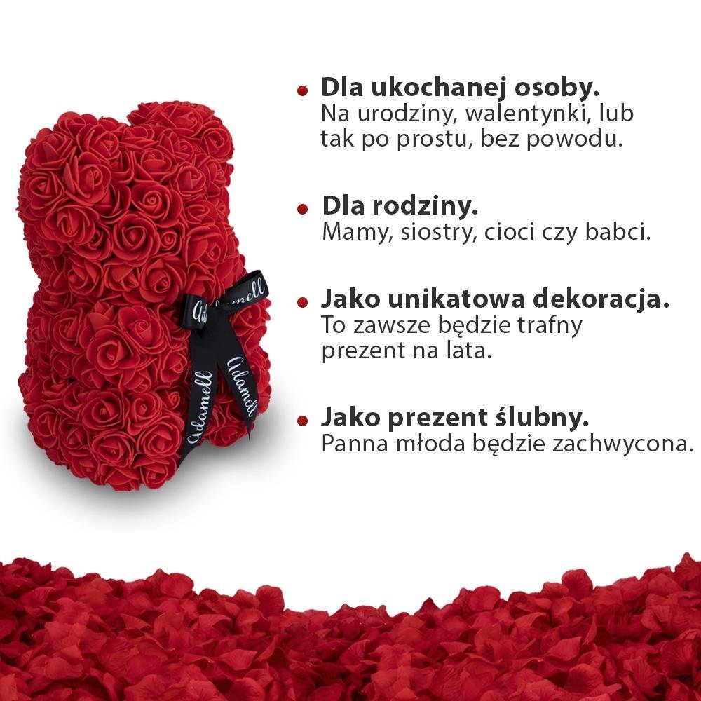 Miś z róż | Czerwony ze wstążką 25cm, Wyjatkowy pomysł na prezent dla dziewczyny, przyjaciółki, kobiety, najlepsze na walentynki, na 18 urodziny - Adamell.pl - Wyjątkowe Prezenty