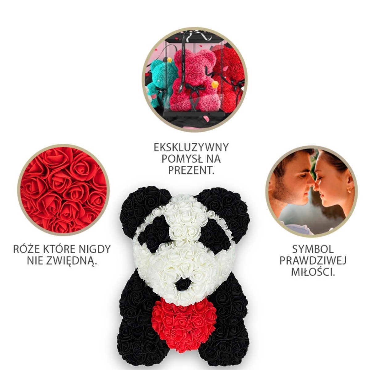 Miś z róż | Panda z sercem 40cm, Nietypowy prezent dla dziadków, prababci, emerytki, dla 70 latka, na emeryturę, na 60, 65, 70 urodziny - Adamell.pl - Wyjątkowe Prezenty