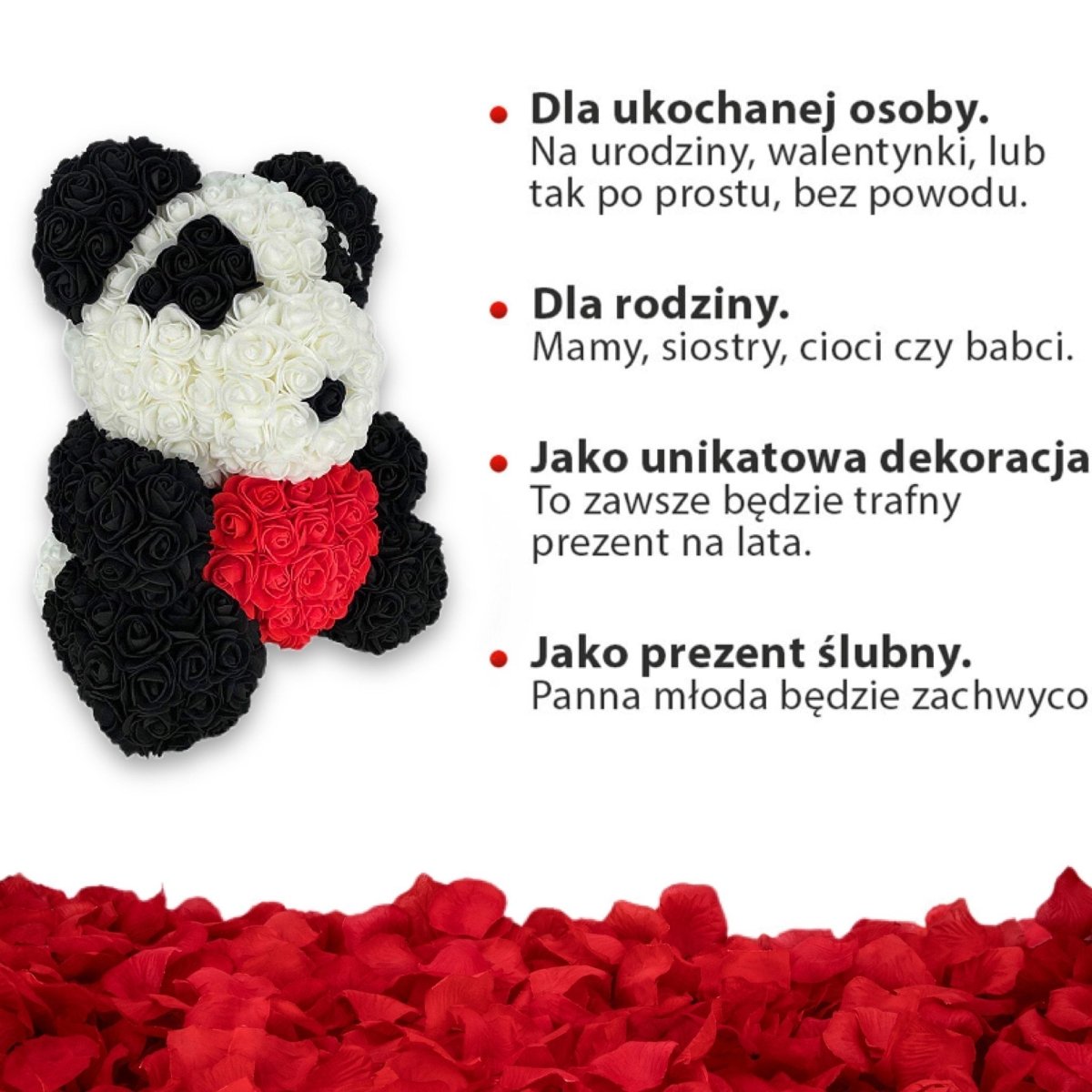 Miś z róż | Panda z sercem 40cm, Nietypowy prezent dla dziadków, prababci, emerytki, dla 70 latka, na emeryturę, na 60, 65, 70 urodziny - Adamell.pl - Wyjątkowe Prezenty
