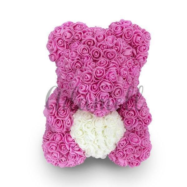 Miś z róż | Różowy z sercem 25cm, Elegancki Prezent od serca dla bff, cioci, szefowej, informatyka, na dzień babci, na imieniny, na 25, 40 rocznicę - Adamell.pl - Wyjątkowe Prezenty