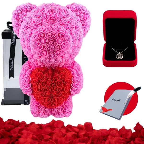 Miś z róż | Różowy z sercem 60cm, Upominek na dzień kobiet, gwiazdkę, na 20 rocznicę, wspólny prezent, na bierzmowanie, dla wychowawcy, pielęgniarki - Adamell.pl - Wyjątkowe Prezenty