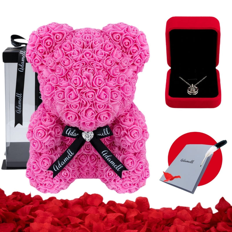 Miś z róż | Różowy ze wstążką 25cm, Kreatywne prezenty dla małżeństwa, synowej na 35 rocznice, na 35, 45 urodziny, pracowników, na odejście z pracy - Adamell.pl - Wyjątkowe Prezenty