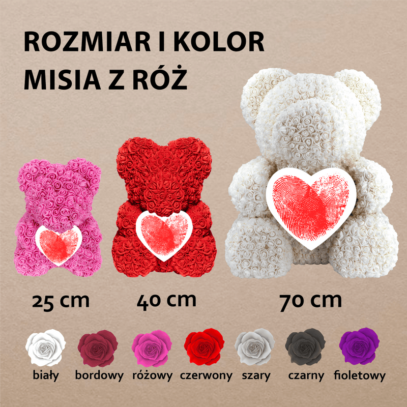 Miś z serduszkiem - Miś z róż z wydrukiem, spersonalizowany prezent dla niej - Adamell.pl