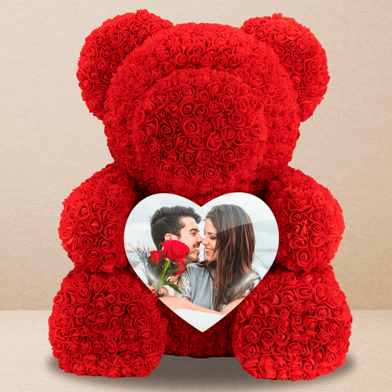 Miś ze zdjęciem zakochanych - Miś z róż z wydrukiem, spersonalizowany prezent dla niej - Adamell.pl