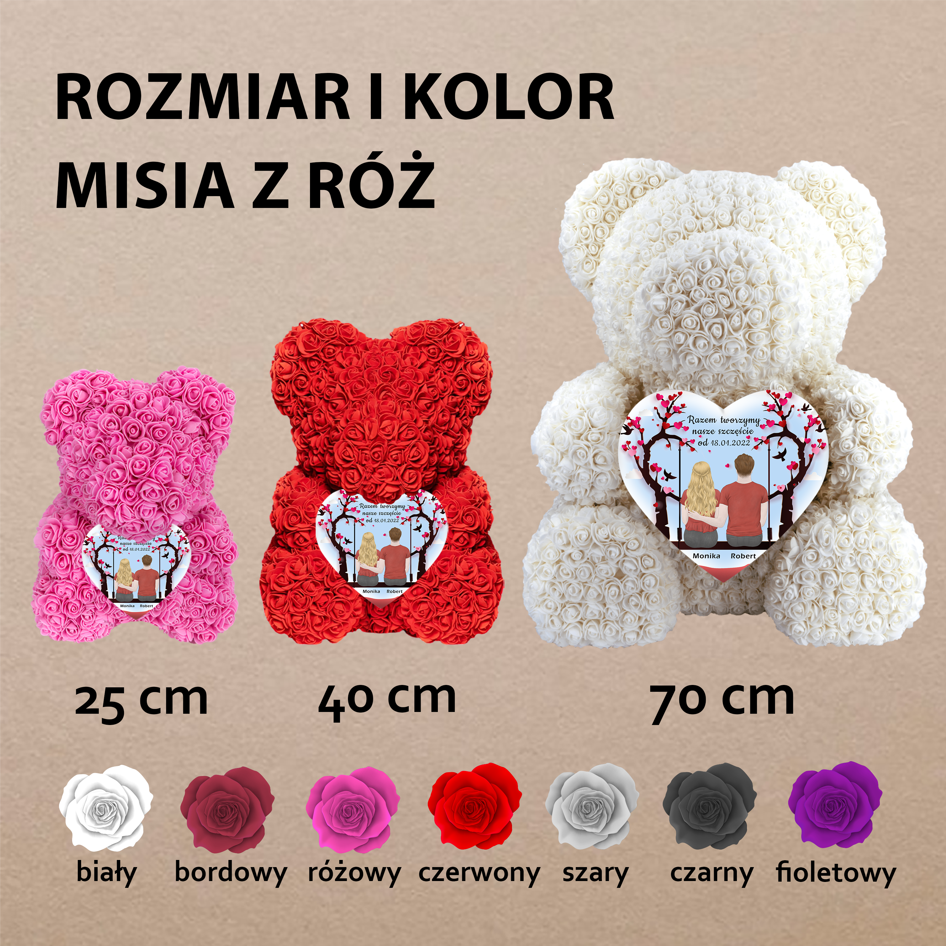 Razem tworzymy nasze szczęście  - Miś z róż z wydrukiem, spersonalizowany prezent