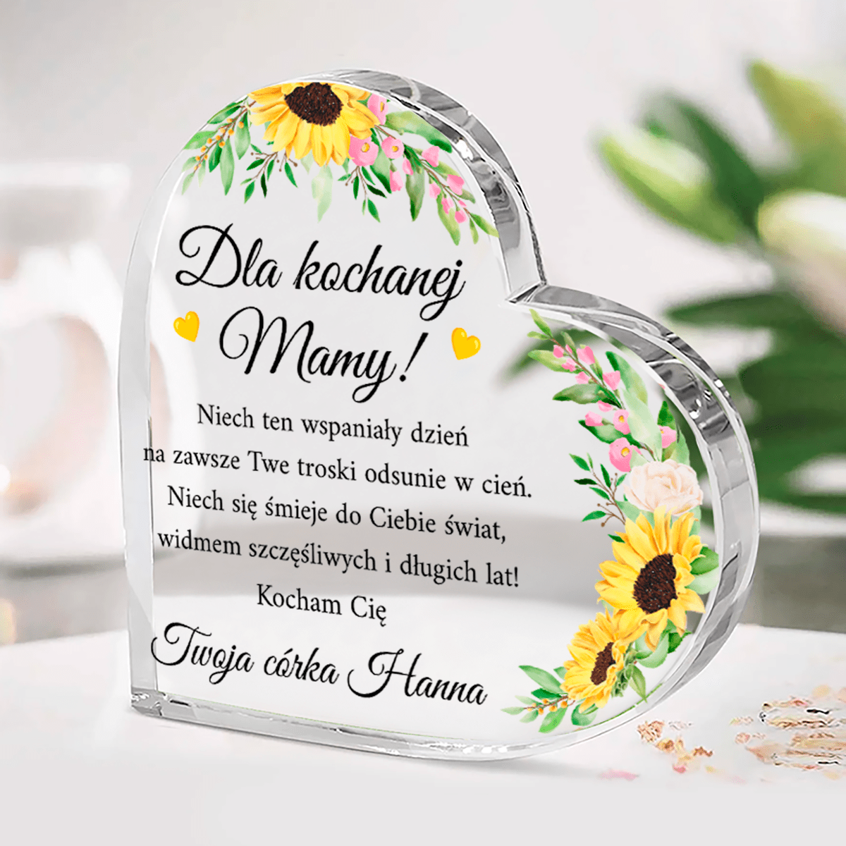 Motyw słoneczników + życzenia - Szklane serce, spersonalizowany prezent dla mamy - Adamell.pl