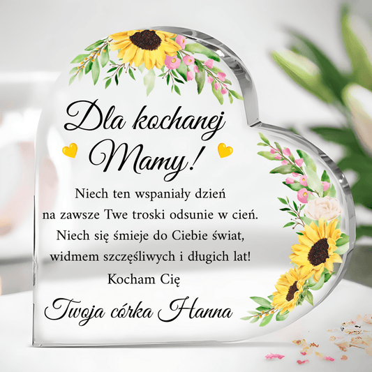 Motyw słoneczników + życzenia - Szklane serce, spersonalizowany prezent dla mamy - Adamell.pl