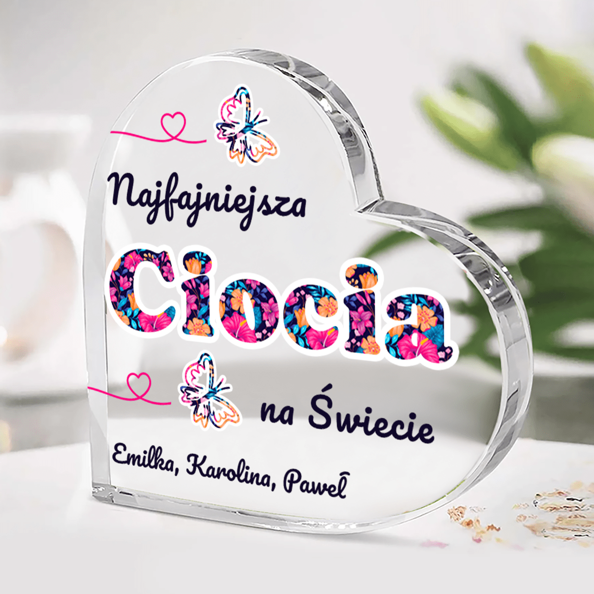 Najfajniejsza ciocia na świecie - Szklane serce, spersonalizowany prezent dla cioci - Adamell.pl