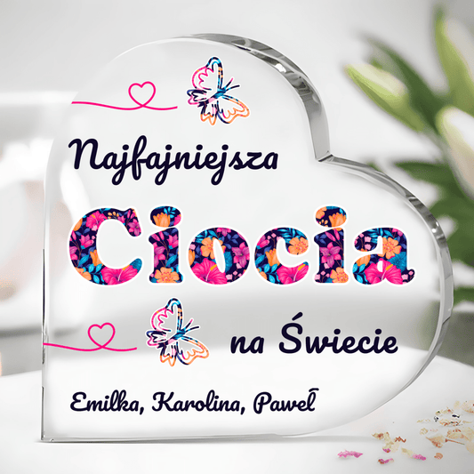 Najfajniejsza ciocia na świecie - Szklane serce, spersonalizowany prezent dla cioci - Adamell.pl