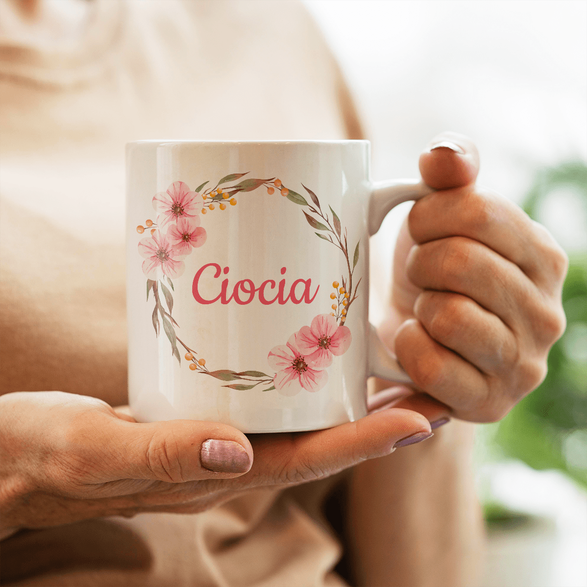 Napis Ciocia z kwiatowym motywem - 1x Kubek z nadrukiem, prezent dla cioci - Adamell.pl