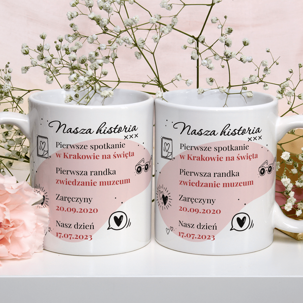 Nasza historia - Zestaw 2 x Kubek z nadrukiem, spersonalizowany prezent dla pary - Adamell.pl