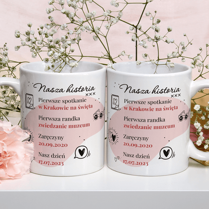Nasza historia - Zestaw 2 x Kubek z nadrukiem, spersonalizowany prezent dla pary - Adamell.pl