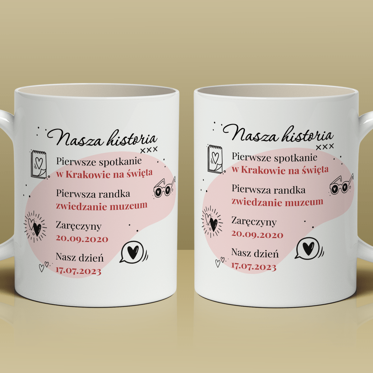Nasza historia - Zestaw 2 x Kubek z nadrukiem, spersonalizowany prezent dla pary - Adamell.pl